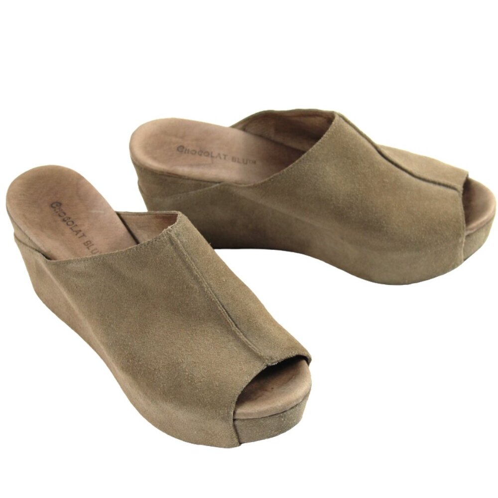 Chocolat Blu Wynn Camel Suede Peek Toe Wedge Mule Sandal, Size 6.5 - Picture 8 of 9
